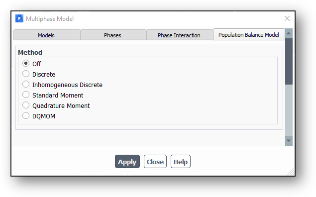 Menu for Selecting Population Balance Model
